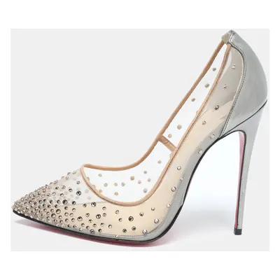 Christian Louboutin Grey/Beige Leather and Mesh Follies Resille Pumps Size