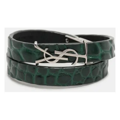 Saint Laurent Green Croc Embossed Leather YSL Monogram Double Wrap Bracelet