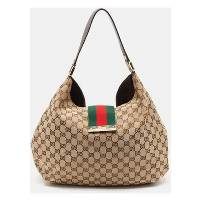 Gucci Beige/Brown GG Canvas and Leather New Ladies Web Hobo