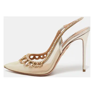 Aquazzura Gold Leather and Mesh Tiara Crystal Embellished Pumps Size 37.5