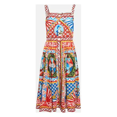 Dolce & Gabbana Red/Blue Carretto Print Poplin Gathered Midi Dress