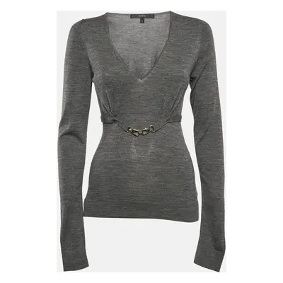 Gucci Grey Wool Knit Belted Long Sleeve Top