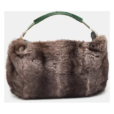 Gianfranco Ferre Black/Green Rabbit Fur, Croc and Leather Zip Hobo