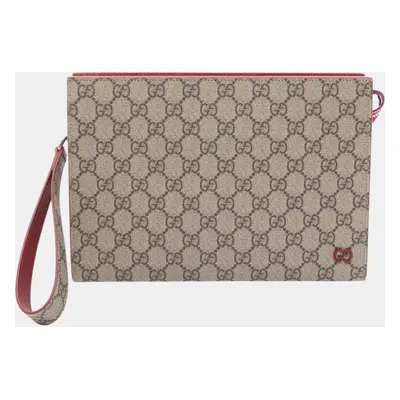 Gucci Coated Canvas Leather Beige Bordeaux Gg Supreme Second Clutch Bag