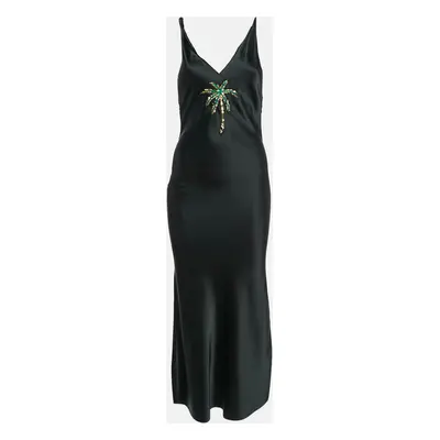 The Attico Black Palm Tree Embroidery Silk Raw Edges Maxi Dress