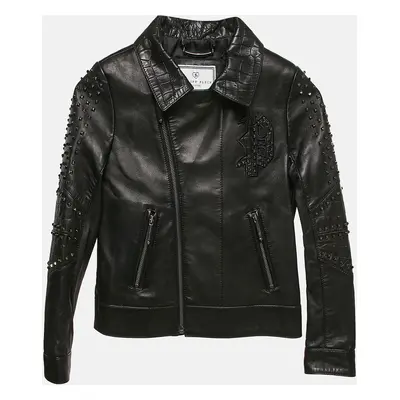 Philipp Plein Junior Black Textured Leather Black Stud Detail Biker Jacket Yrs