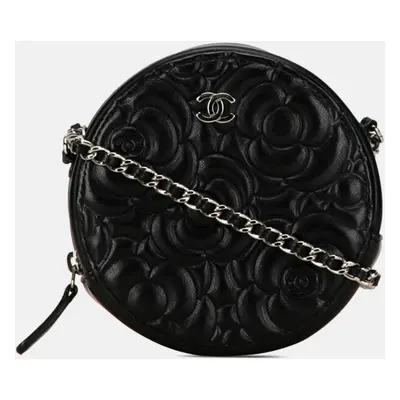 Chanel Black Leather Camellia Round Mini Chain Shoulder Bag