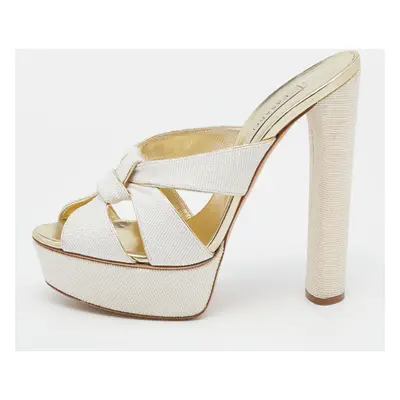 Casadei White/Gold Woven Straw and Leather Platform Sandals Size