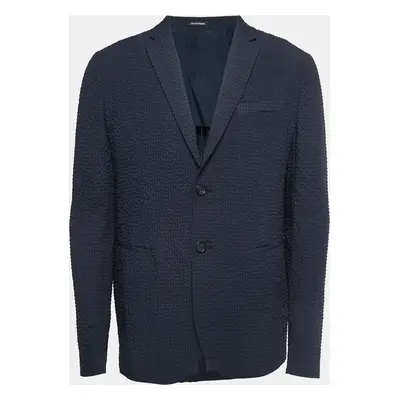 Emporio Armani Navy Blue Patterned Synthetic Single Breasted Blazer