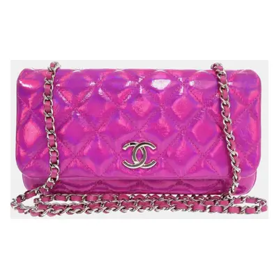 Chanel Matelasse Coco Mark Goatskin Iridescent Mirror Fuchsia Chain Clutch Shoulder Bag