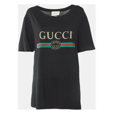 Gucci Black Vintage Logo Print Cotton Distressed T-Shirt