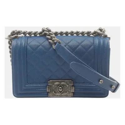 Chanel Blue Leather Grained Calfskin Boy Chanel Small Chevron V-Stitch Shoulder Bag