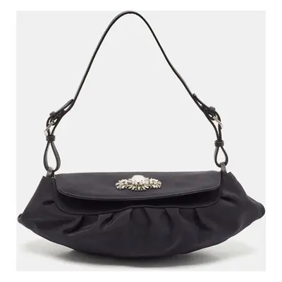 Jimmy Choo Black Satin Crystals Embellished Flap Pochette Bag