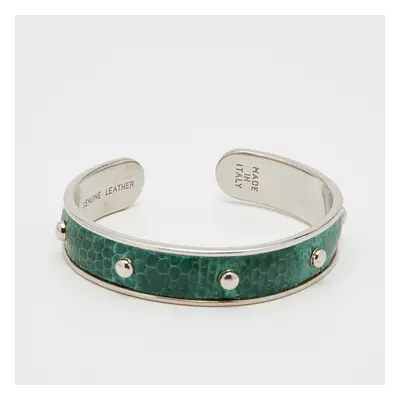 Tod's Silver Tone Green Embossed Leather Studded Narrow Cuff Bracelet