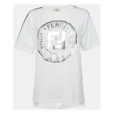 Fendi White Embossed Logo Print Cotton Crew Neck T-Shirt