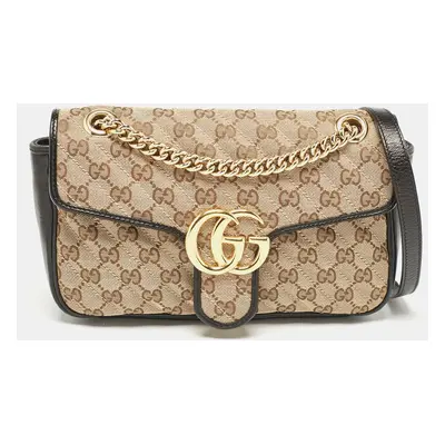 Gucci Beige/Black Diagonal Quilted GG Canvas and Leather Small GG Marmont Shoulder Bag