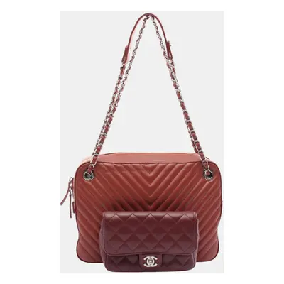 Chanel Brown Bordeaux Leather V-Stitch Chevron Shoulder Bag