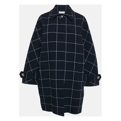 Balenciaga Navy Blue Checkered Wool Mid-Length Coat