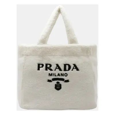 Prada Bianco White Nero Black Fabric Terry Large Tote Bag