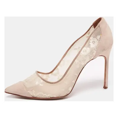 Manolo Blahnik Beige Suede and Lace Pointed-Toe Pumps Size