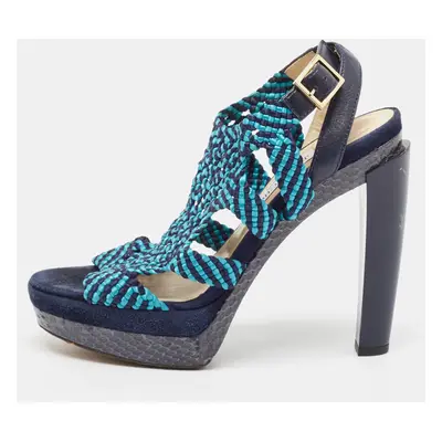 Jimmy Choo Two Tone Woven Leather and Python Ankle Strap Sandals Size