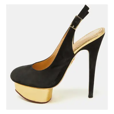 Charlotte Olympia Black Suede Dolly Slingback Platform Pumps Size 36.5