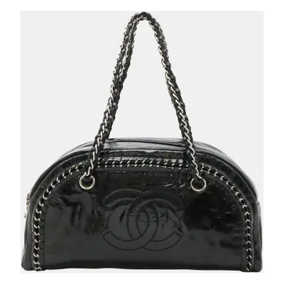 Chanel Black Enamel Luxury Line Coco Mark Matelasse Bowling Bag