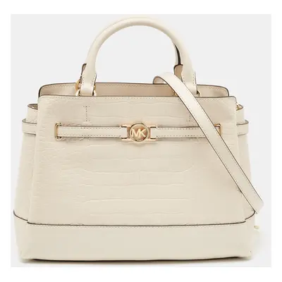 Michael Kors White Croc Embossed Patent and Leather Large Reed Satchel