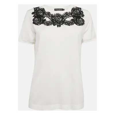 Dolce & Gabbana White Cotton Lace Detail Crew Neck T-Shirt