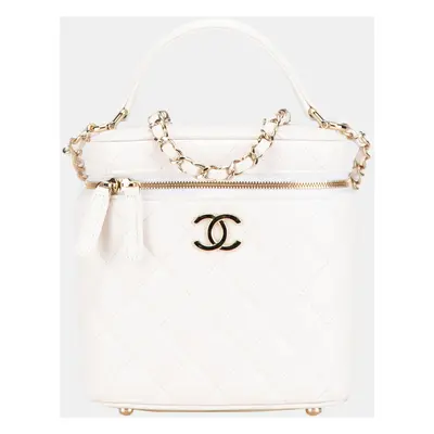 Chanel White CC Quilted Caviar Top Handle Vanity Case with Chain