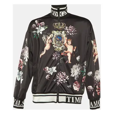 Dolce & Gabbana Black Floral Angels Print Satin Bomber Jacket