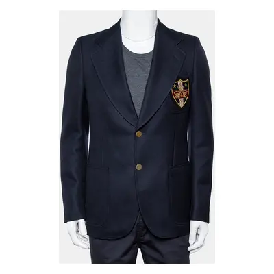 Gucci Navy Blue Wool & Mohair Chateau Marmont Embroidered Button Front Blazer