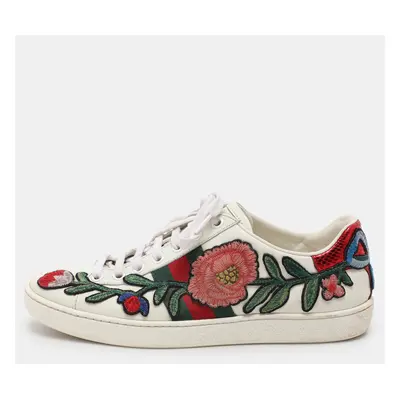 Gucci White Leather Ace Floral-Embroidered Web Low Top Sneakers Size