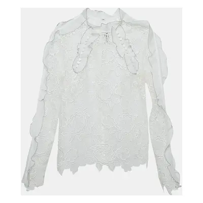 Self-Portrait White Floral Guipure Lace Ruffled Full Sleeve Top