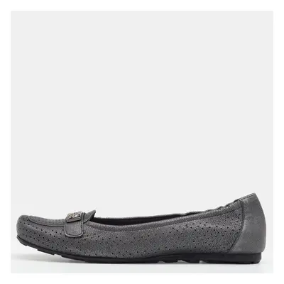 Stuart Weitzman Metallic Grey Perforated Leather Crystal Embellished Slip On Loafers Size