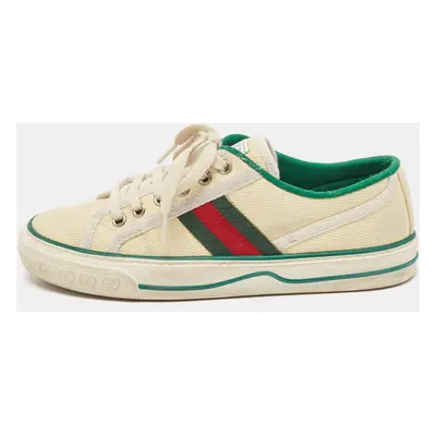 Gucci Cream/Green Canvas Tennis Lace Up Sneakers Size