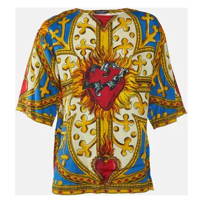 Dolce & Gabbana Multicolor Sacred Heart Print Linen & Cotton Oversized T-Shirt