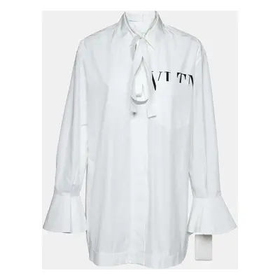 Valentino White Logo Print Poplin Tie-Up Neck Detail Oversize Shirt