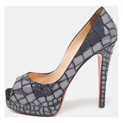 Christian Louboutin Slate Grey/Black Patent Leather and Satin Mosaic Sobek Peep-Toe Platform Pum