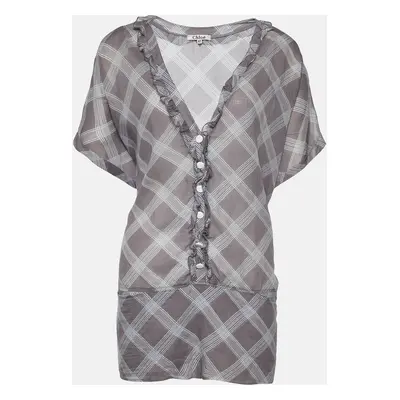 Chloe Grey Check Print Cotton Ruffle Detail Oversized Blouse