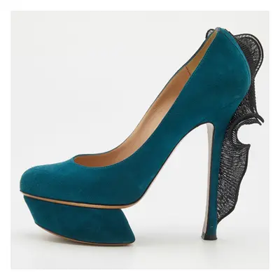 Nicholas Kirkwood Teal Blue/Black Suede and Ruffle Fabric Platform Pumps Size