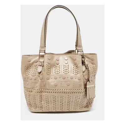 Tod's Metallic Beige Leather Small Studded Flower Tote