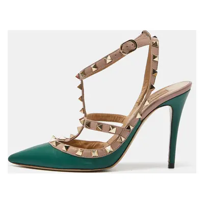 Valentino Green/Beige Leather Rockstud Strappy Pointed Toe Pumps Size 37.5