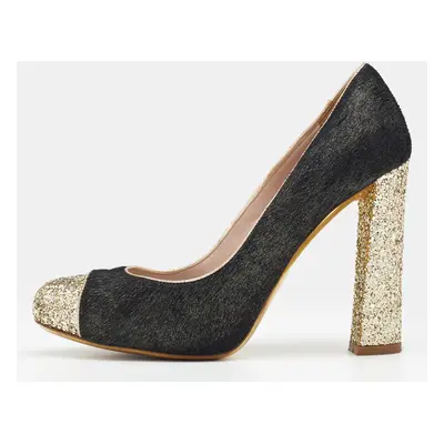 Miu Miu Black/Gold Calf Hair And Glitter Cap Toe Block Heel Pumps Size 37.5