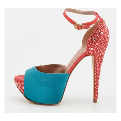 Gina Turquoise/Red Satin and Canvas Crystal Embellished Platform Ankle Strap Sandals Size