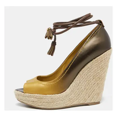 Sergio Rossi Ombre Gold Leather and Jute Ankle Wrap Wedge Pumps Size 39.5