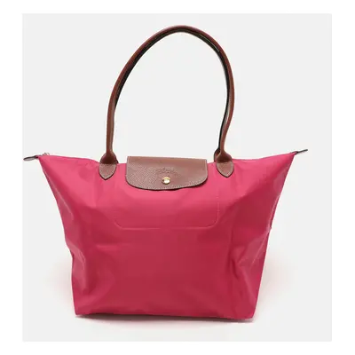 Longchamp Pink/Brown Nylon and Leather Large Le Pliage Tote