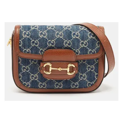 Gucci Blue/Brown GG Denim and Leather Horsebit Shoulder Bag