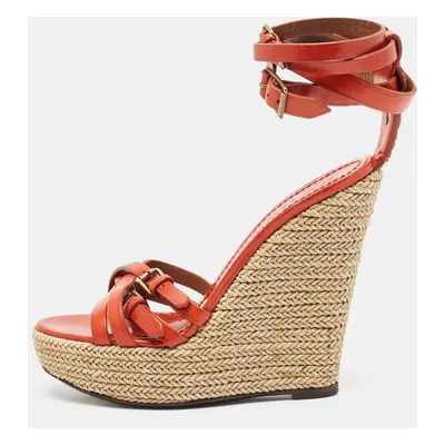 Burberry Orange Leather Espadrille Wedge Ankle Wrap Sandals Size