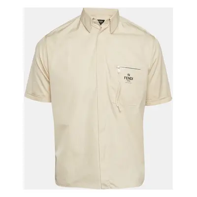 Fendi Beige Logo Print Cotton Zip-Detail Pocket Shirt